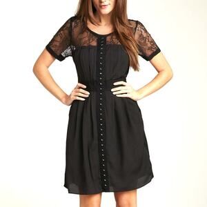 Phoebe Couture Black Lace Corset Dress Hook Eye Front Illusion Goth Pleated 12